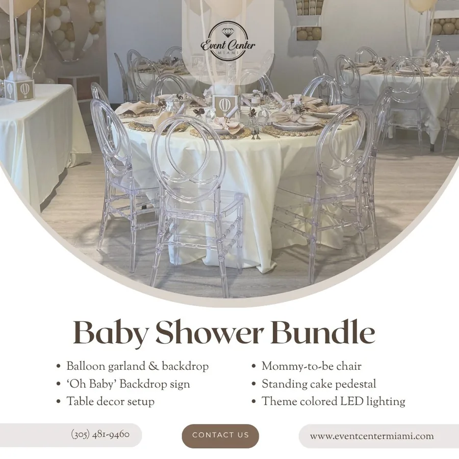 Baby Shower Bundle package details from Event Center Miami showing a styled table with acrylic chairs