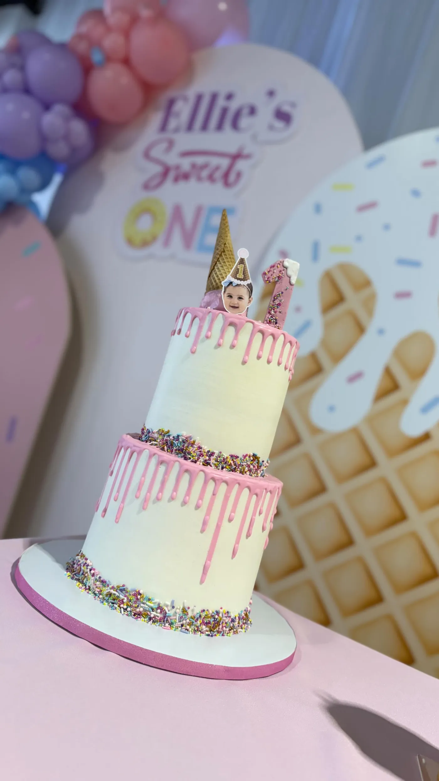 Pastel ice cream themed first birthday cake with waffle cone details
