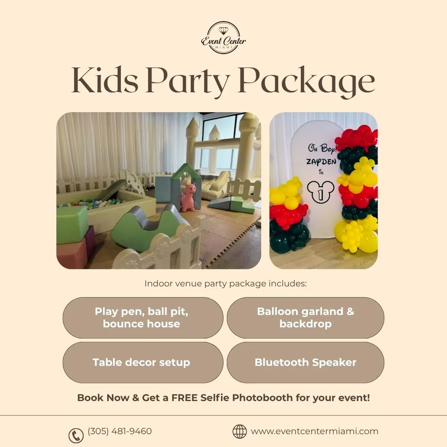 Kids Party Package details from Event Center Miami showing a soft play area and balloon backdrop