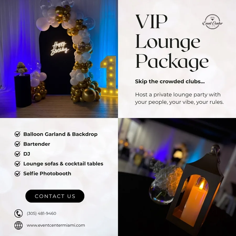 VIP Lounge Package details from Event Center Miami showing lounge lighting and a balloon arch